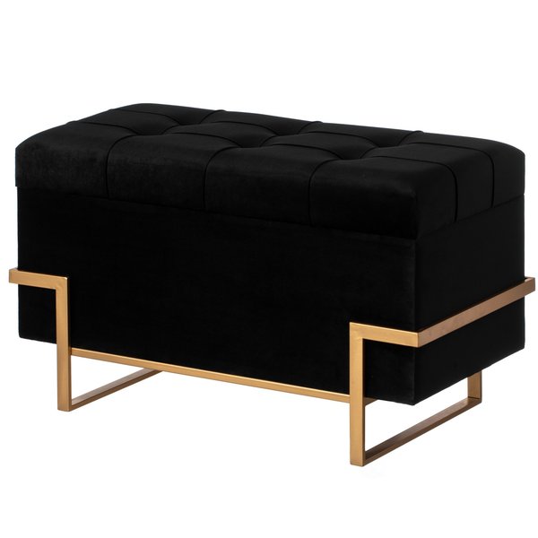 Fabulaxe Velvet Storage Ottoman Stool Box with Abstract Golden Legs - Decorative Sitting Bench, Black Large QI003939.BK.L